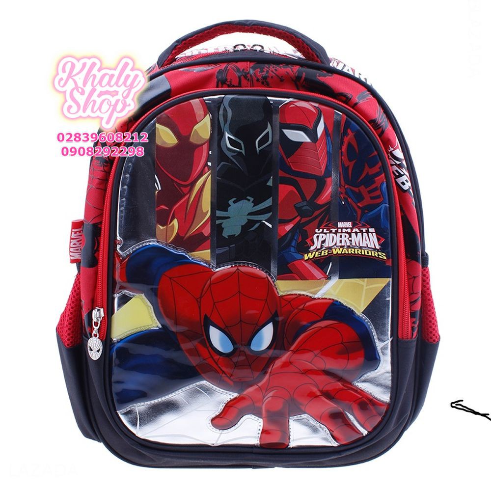 Balo trẻ em 15'' hình người nhện Spiderman 3 sọc màu đỏ đen dành cho học sinh , bé trai - BLSP3S15 (33x15x38cm)