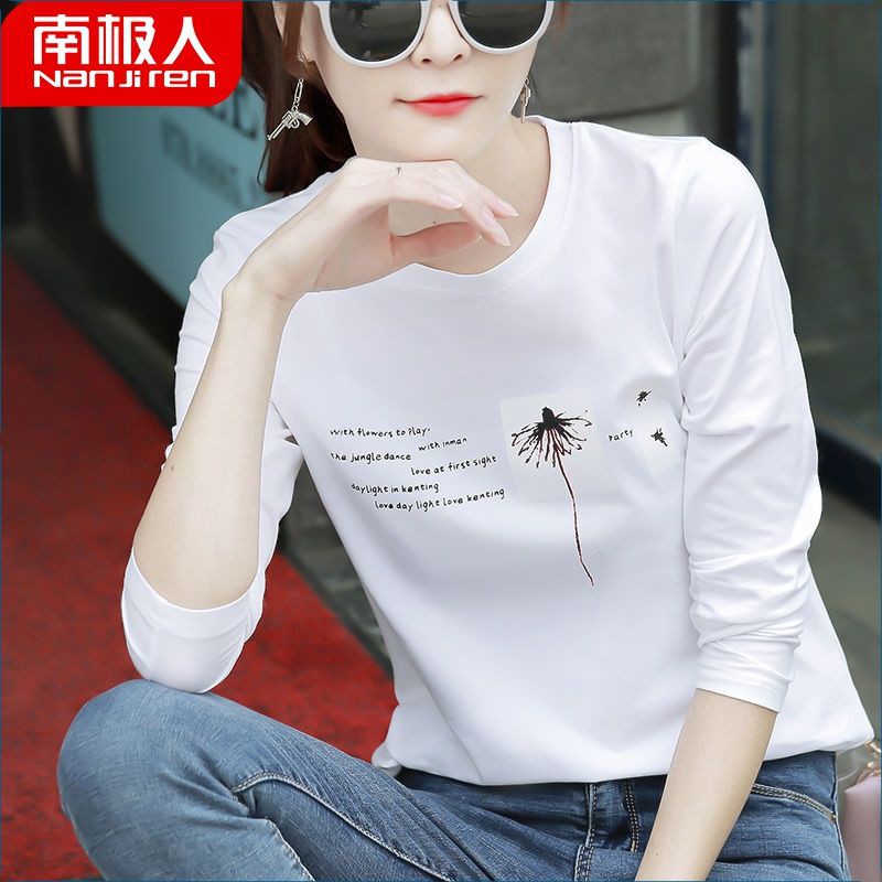 ✟Nam Cực phụ nữ mùa xuân và thu 2021 áo thun dài tay mới màu trắng phiên bản Hàn Quốc lỏng lẻo học sinh hoang dã