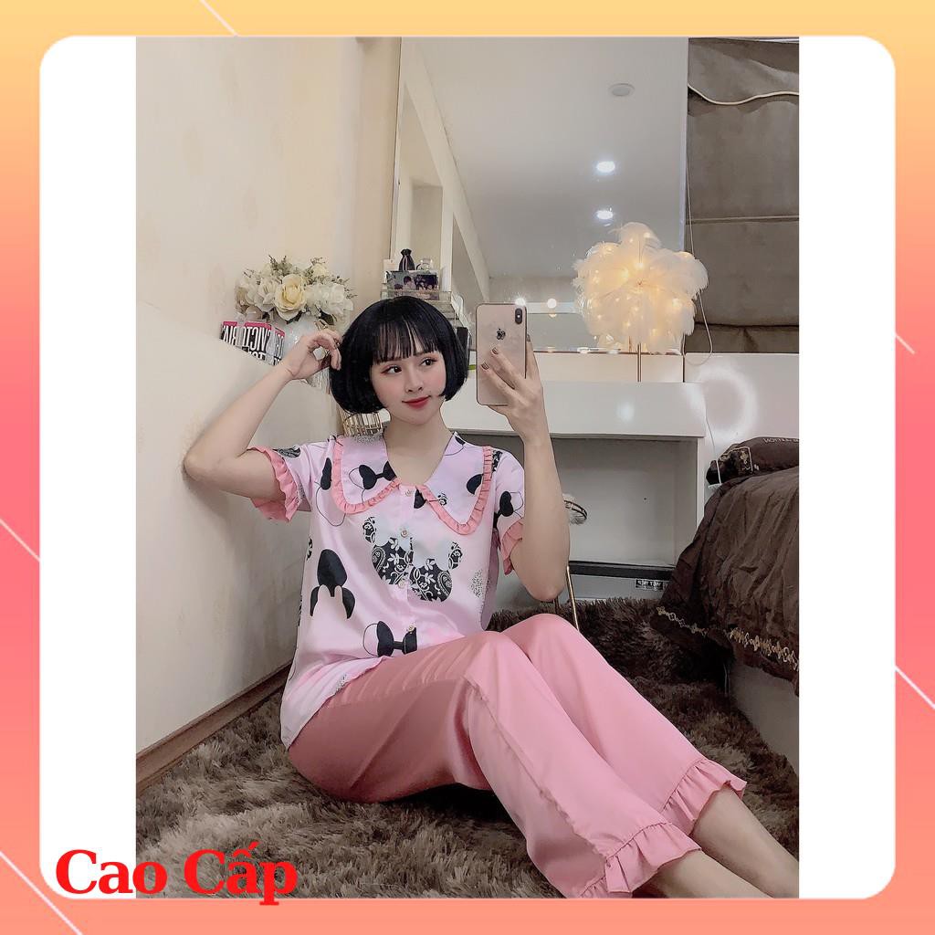 (Siêu phẩm) Đồ bộ PIJAMA tay ngắn quần dài lụa satin cao cấp, thoáng mát, quần trơn, áo họa tiết xinh xắn