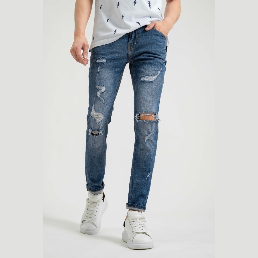 Quần jean dài nam cao cấp xanh denim MRC 207261 chất cotton cao cấp, form ôm vừa vặn, tôn dáng, trẻ trung - MENFIT