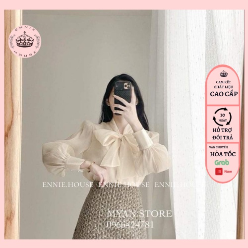Áo Sơ Mi Nữ Tay Bồng Cổ Nơ Chất Liệu Tơ Lụa Nhiều Màu Ennie Có Ảnh Cận Chất CD078