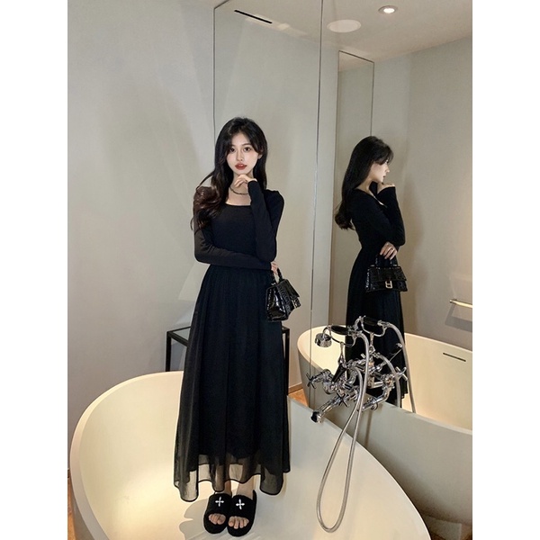 😄Váy cổ vuông tay dài , đầm thun dáng dài hở lưng bồng xòe bên dưới hàng cao cấp order Taobao