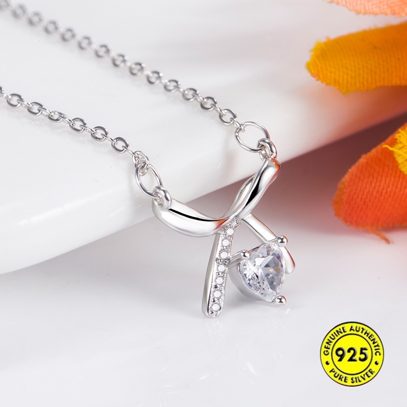 Vòng cổ Mạ Bạc 925 Mặt Hình Nơ Đính Kim Cương Nhân Tạo Thời Trang Cho Nữ