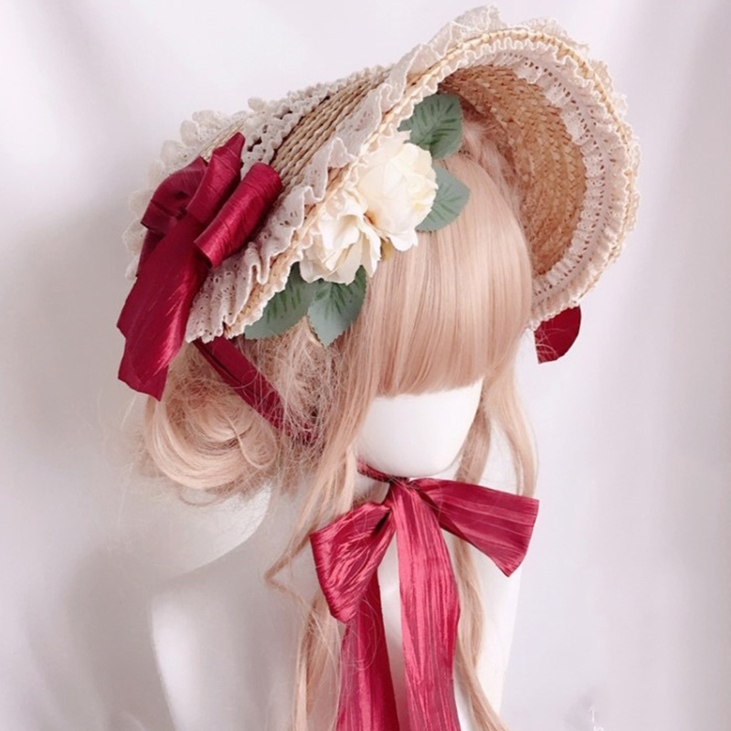 ✿ Mũ Cói Chống Nắng Phối Ren Hoa Phong Cách Lolita Dành Cho Nữ
