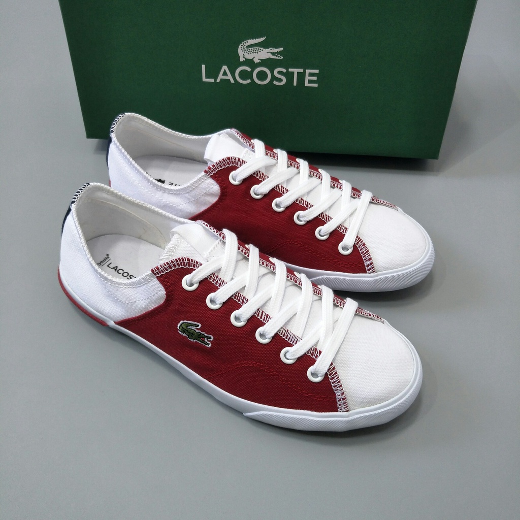 Giày sneaker vải canvas màu đỏ phối trắng thời trang cao cấp Lacoste