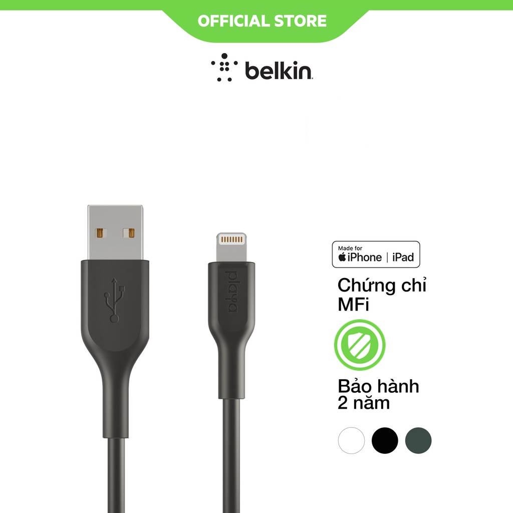 Cáp Lightning - USB A, 1 mét, vỏ nhựa PVC, công suất 12w, Playa by Belkin - Hàng chính hãng - PM1001yz