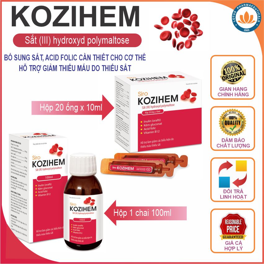 KOZIHEM thực phẩm bổ sung Sắt Acid Folic, Vitamin, vi lượng cho trẻ em thiếu máu và thai phụ,Tặng quà trị giá 39K. Lotus