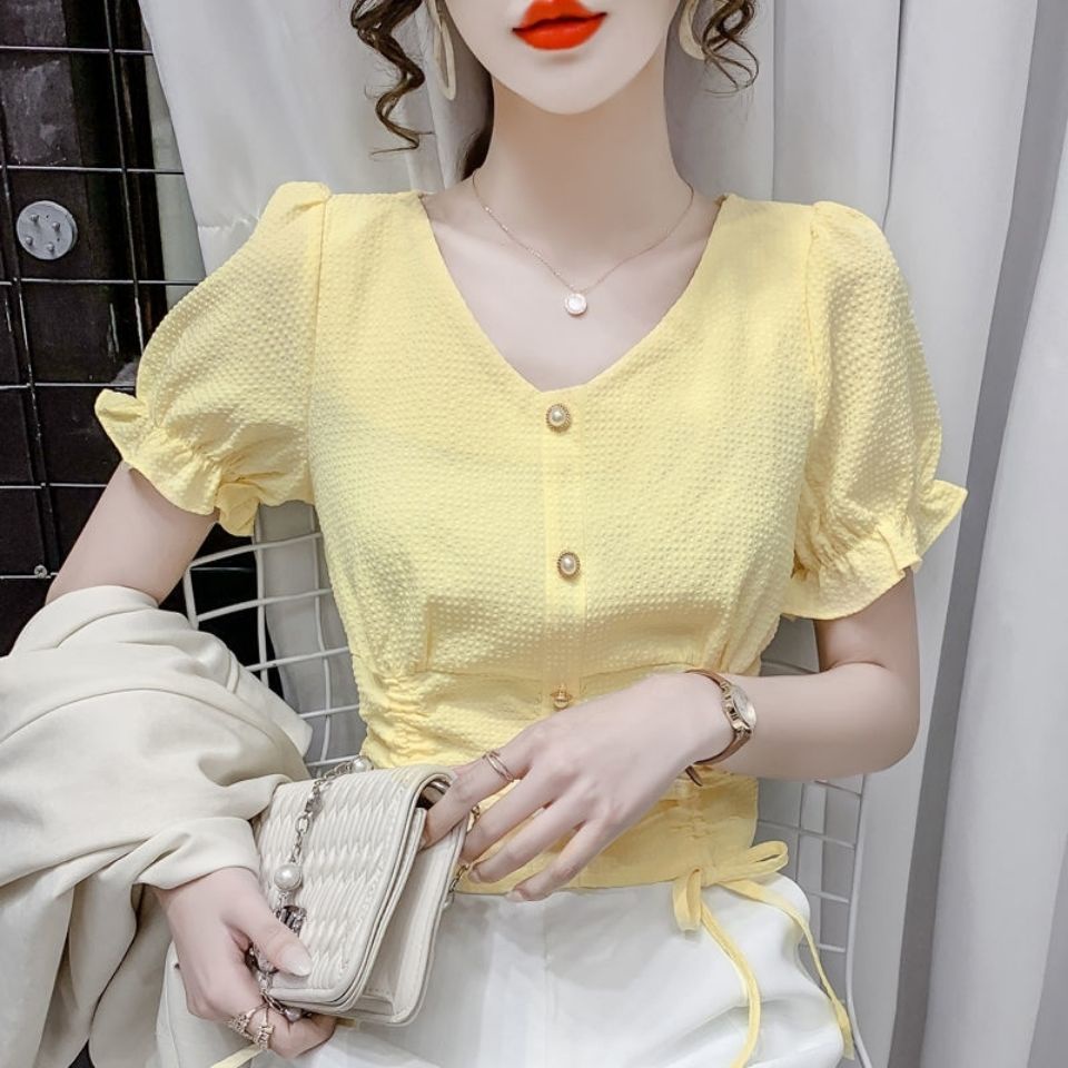 AMOI Áo Chiffon Tay Ngắn Cổ Chữ V Phối Dây Rút Thời Trang Phong Cách Phương Tây Cho Nữ