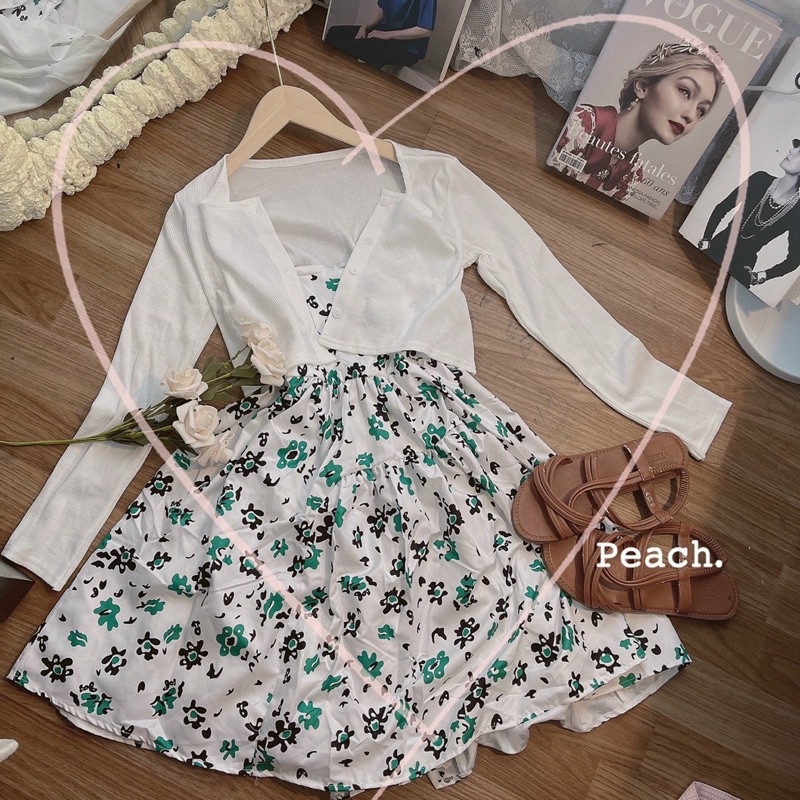 SET ĐẦM HOA XANH + ÁO KHOÁC TRẮNG GÂN