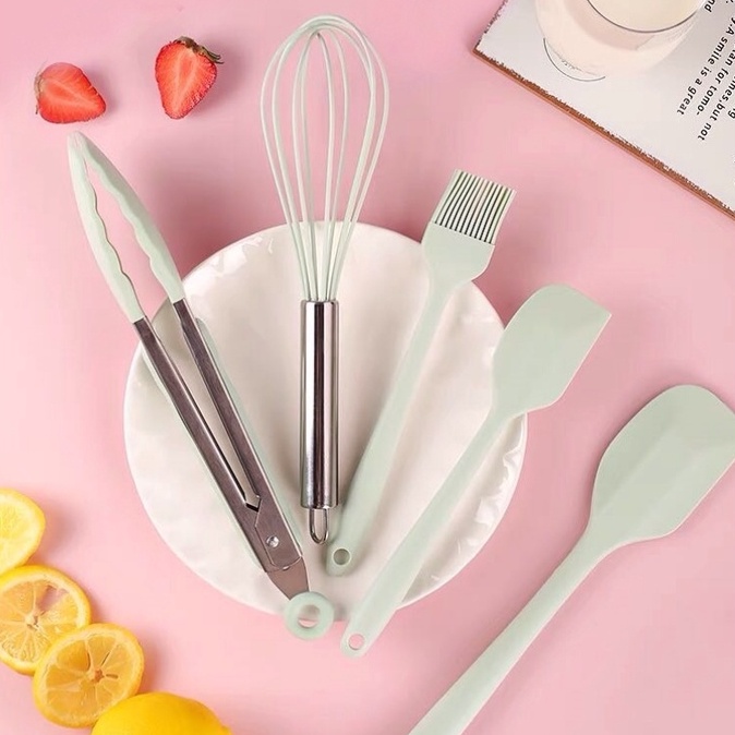 Dụng cụ nấu ăn, làm bánh nhà bếp màu xanh mint 5 món chịu nhiệt cao an toàn cho bé