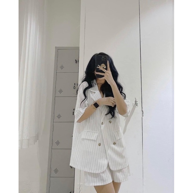 Set bộ - set vét vest ngắn tay kẻ trắng - đen 4 cúc có túi (chất kaki) m3 | BigBuy360 - bigbuy360.vn