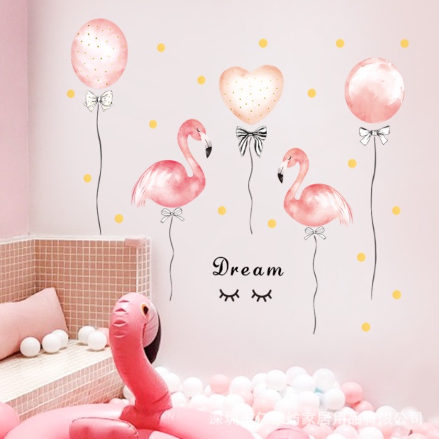 Decal trang trí tường - Bong bóng kèm 2 chú hồng hạc