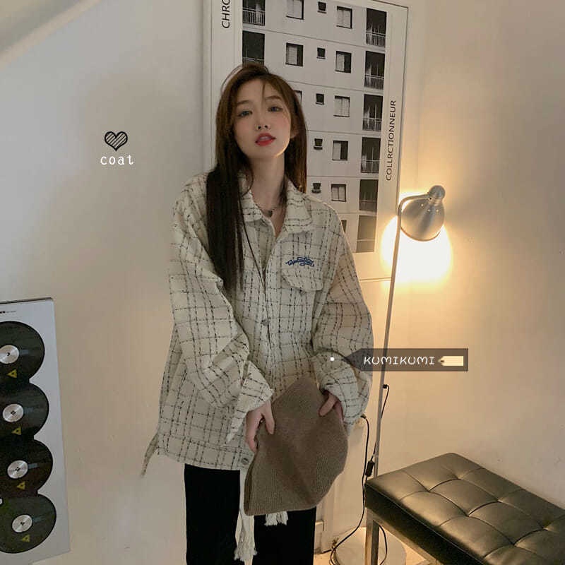 Áo khoác tay dài dáng rộng họa tiết sọc caro phong cách retro