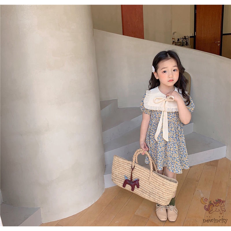 Đầm Tay Ngắn Thắt Nơ In Hoa Phong Cách Hàn Quốc Thời Trang Mùa Hè Cho Bé Gái