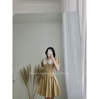 Váy kaki cổ trắng vintage