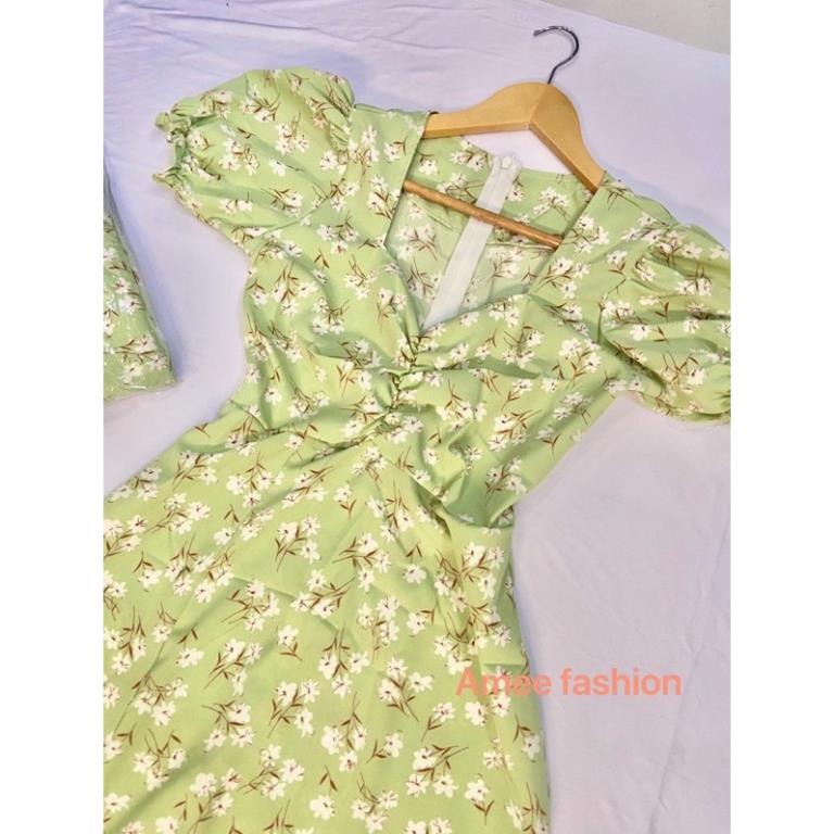 TSL Váy đầm nữ dự tiệc dáng xòe hoa cúc họa mi tay con nhún trước ngực chất lụa hoa cao cấp