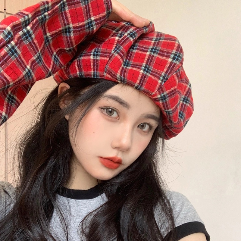 Mũ Beret Họa Tiết Sọc Caro Phong Cách Retro Hàn Quốc Cho Nữ