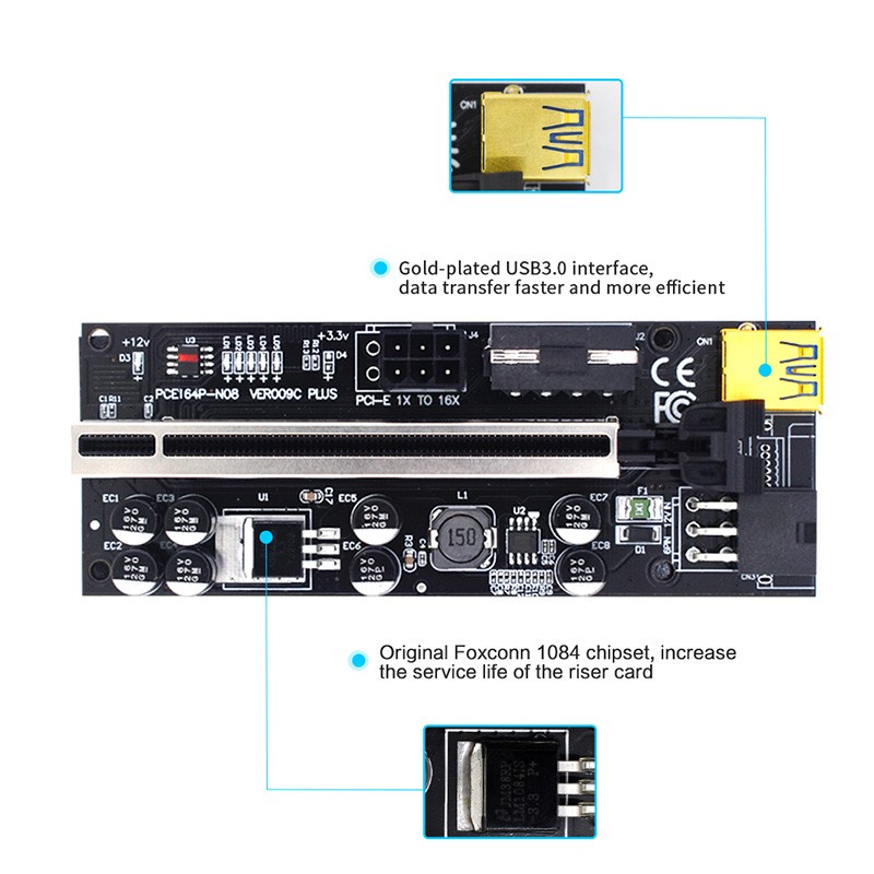 Card Mạng Mở Rộng Ver009Splus PCI-E 60CM USB 3.0 PCIE 1X Sang 16X SATA 6Pin Cho Miner GPU Mining