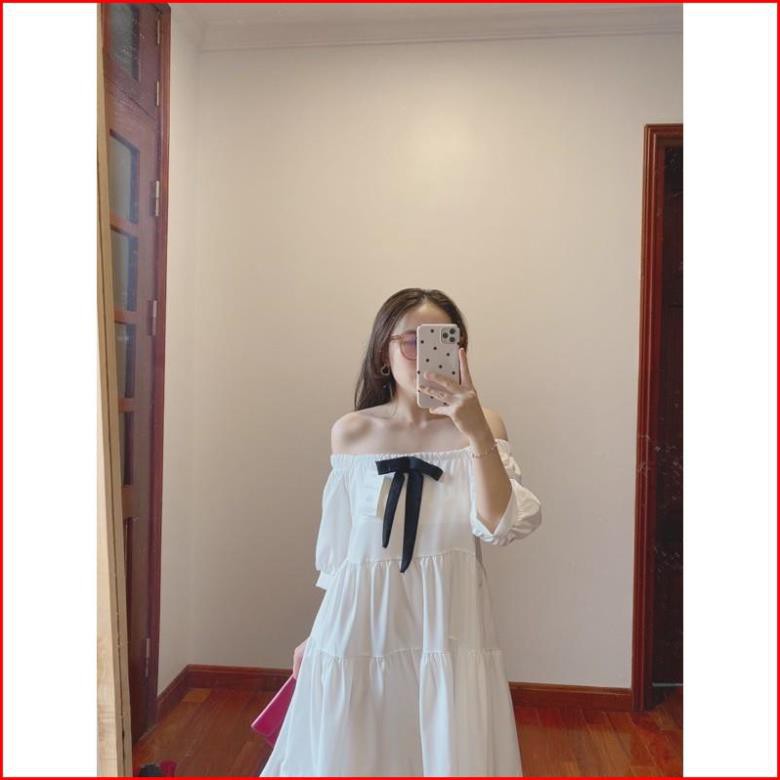 Váy Babydoll Cổ Vuông Nơ Gài _FREESHIP_ Đầm Trắng Nữ Cộc Tay Nơ Đen SIÊU RẺ