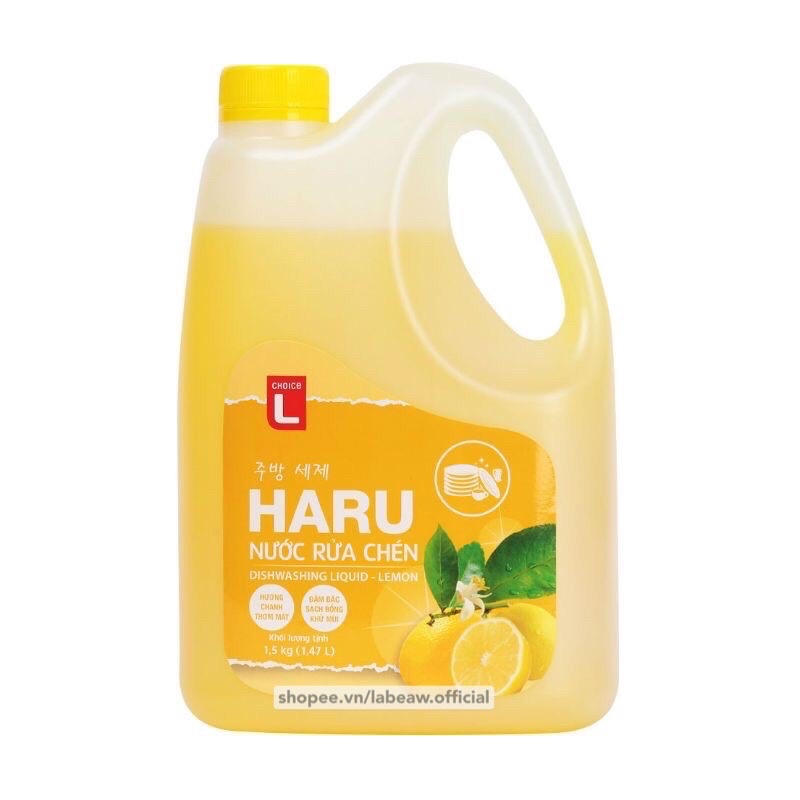 Nước rửa chén HARU 1.5KG hương Chanh - Xà bông rửa chén Lotte Choice L (đỡ ăn da tay hơn Sunlight)