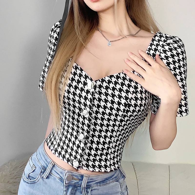 Áo Thun Ngắn Tay Cổ Vuông Phối Nút Họa Tiết Houndstooth Thời Trang Cho Nữ