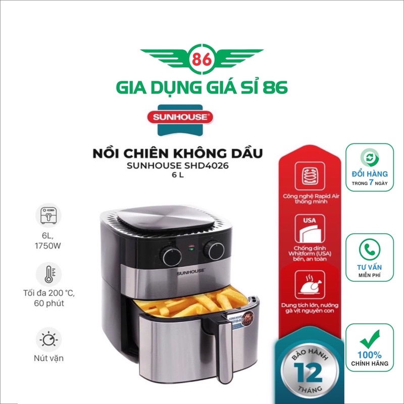 Nồi chiên không dầu Sunhouse 6 lít SHD4026-1750W - Bảo hành tại hãng 12 tháng toàn quốc