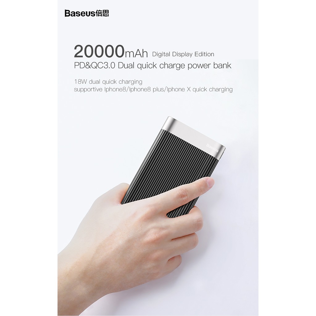 Pin dự phòng Baseus (BS-20K) cao cấp 20000mAh công nghệ sạc nhanh Qualcomm QC 3.0, màn hình LCD báo dung lượng Pin