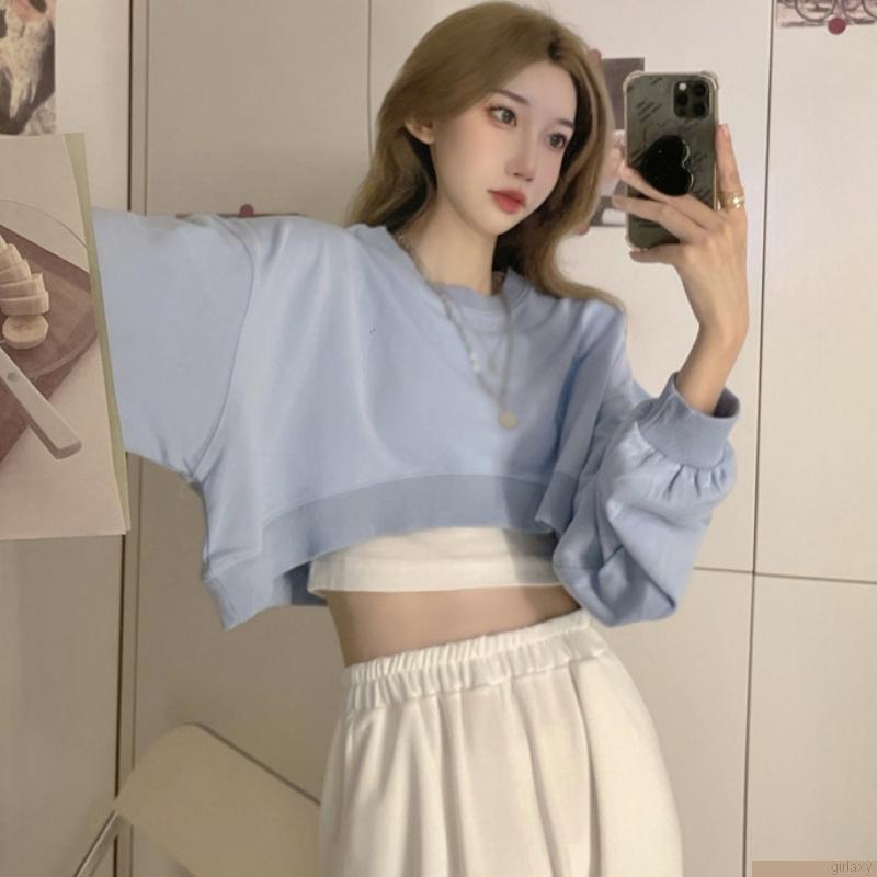 Áo hoodie lửng tay dài màu sắc trẻ trung cho nữ