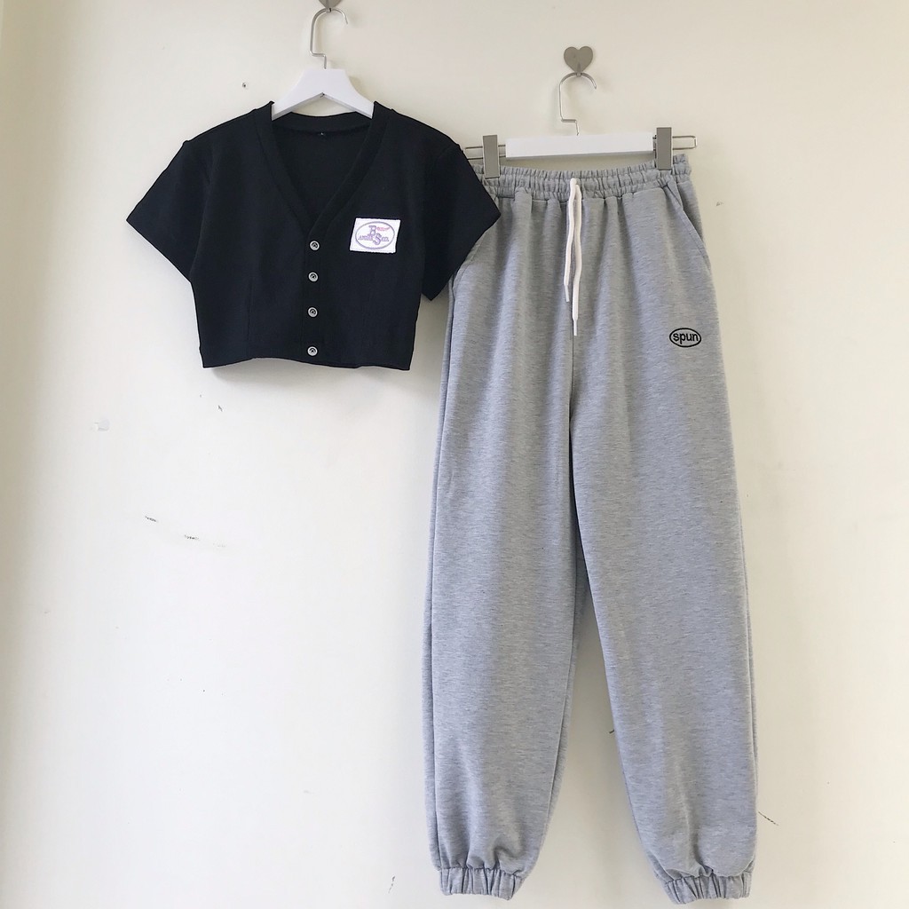 Set bộ quần spun ống rộng Unisex và áo croptop cổ V  đi chơi mặc nhà FREE SIZE DƯỚI 60KG - Quần baggy nữ SABI SHOP