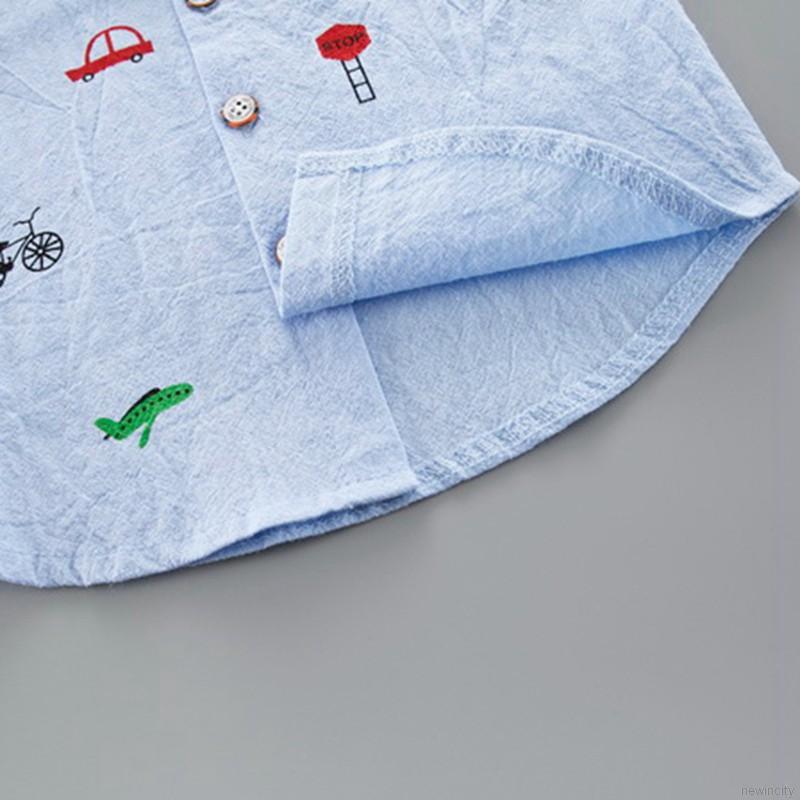 Bộ áo sơ mi cotton ngắn tay in hình ô tô hoạt hình và quần short cho bé trai