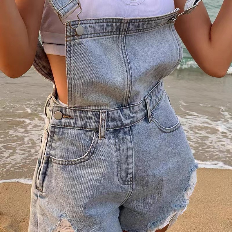 Quần yếm denim ngắn lưng cao rách mới Hàn quốc thời trang jumpsuit nữ