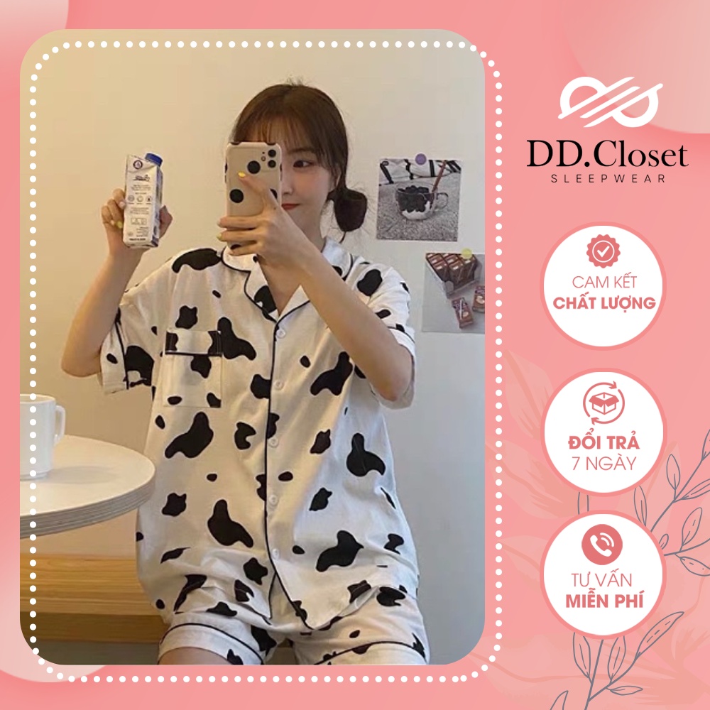 Bộ đồ ngủ pijama nữ cộc tay quần đùi chất lụa Kate Thái mềm mịn màu trắng họa tiết bò sữa xinh xắn - CD0024