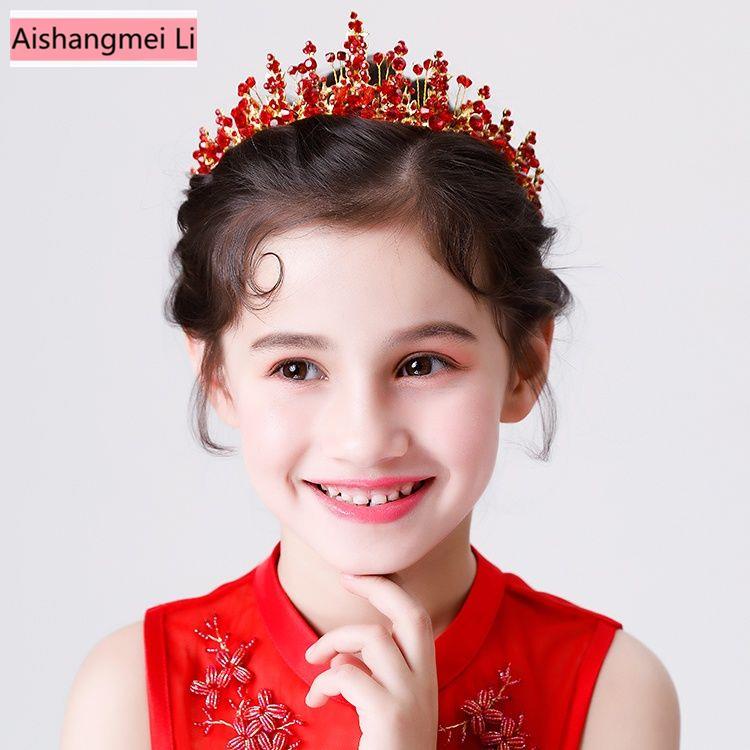 Phụ Kiện Cài Tóc Hình Vương Miện Công Chúa Đính Đá Màu Đỏ Phong Cách Mới Cho Bé Gái