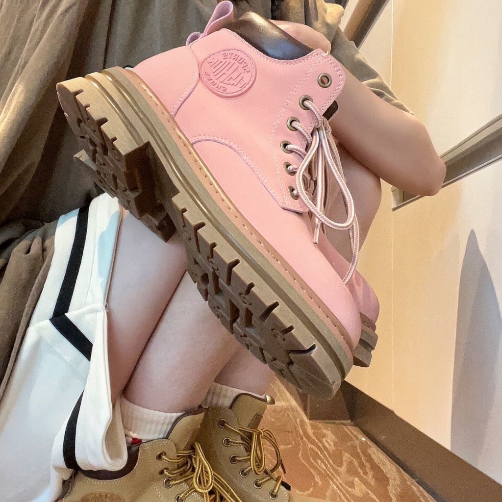 Giày Bốt Martin Đế Dày Cổ Cao Mũi Tròn Màu Hồng Thời Trang Cho Nữ