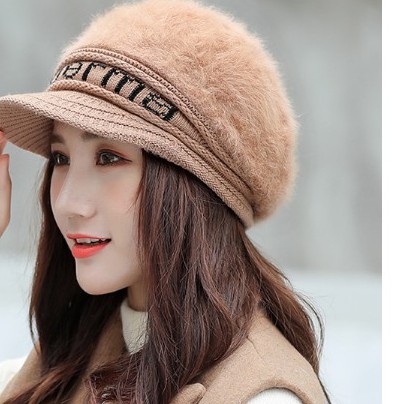Mũ bê rê len lông thỏ phong cách Hàn, mũ len lưỡi trai thời trang