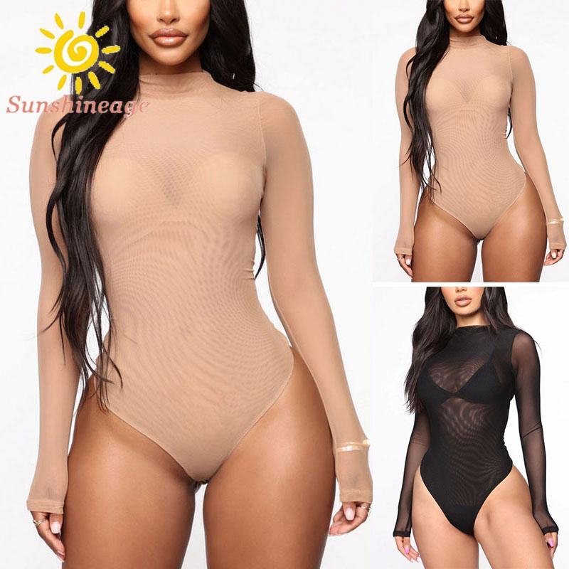 Bodysuit dài tay phối lưới xuyên thấu phong cách quyến rũ dành cho nữ