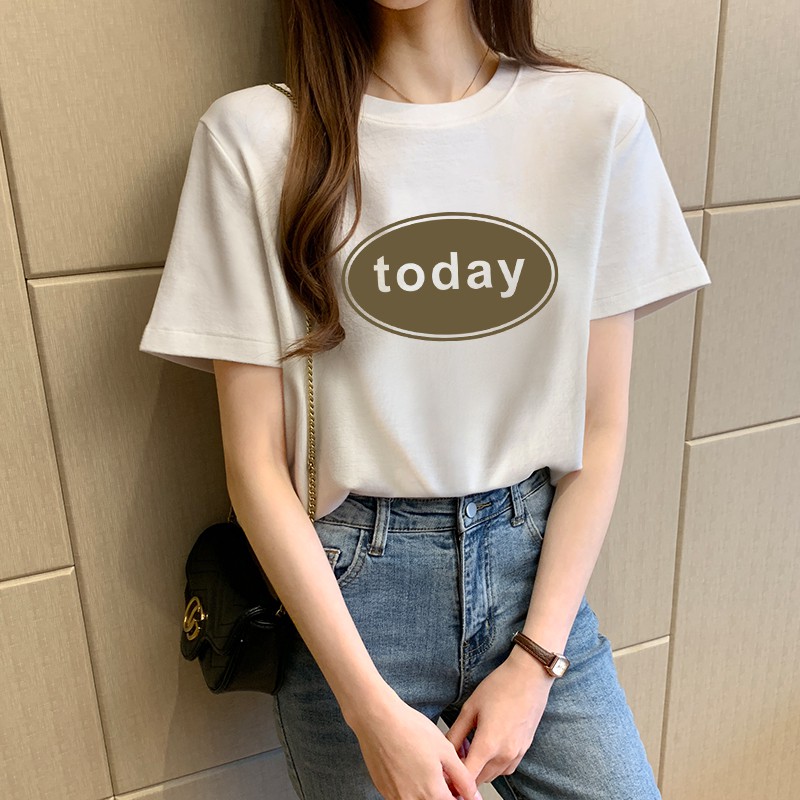 2020 summer women's short-sleeved t-shirt blue cotton letter printing round neck Korean version of the large size half sleeve loose and thin