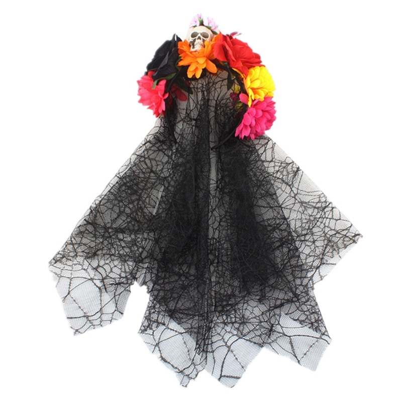 Băng Đô Cài Tóc Màu Đen Đính Mạng Che Mặt Đầu Lâu Hoa Cho Nữ