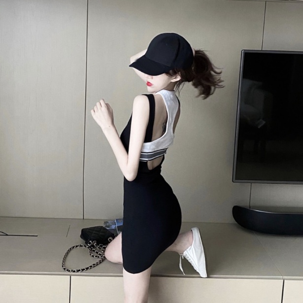 Sexy beautiful back temperament slim fit fake two-piece vest skirt women's summer Korean version close waist thin short Hip Wrap Dress