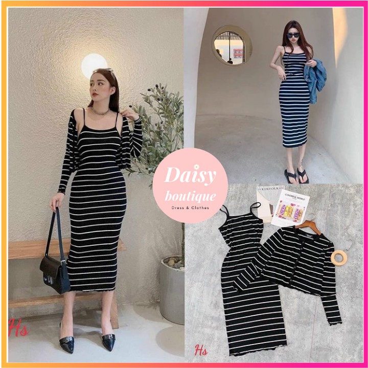 Set Váy Dài Kẻ Sọc Đen Trắng Kèm Áo Khoác Chất Liệu Thun Giãn Daisy Boutique