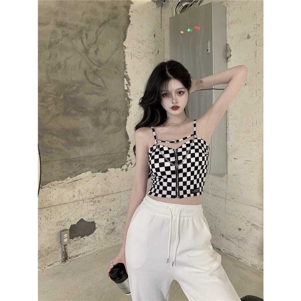 Jiashucheng Áo Yếm Ngắn Hai Dây Ôm Dáng Họa Tiết Kẻ Caro Phối Khóa Kéo Ngoài Dễ Phối Đồ Thời Trang Mùa Hè Cho Nữ Cha