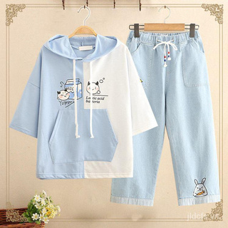 Bộ Áo Hoodie Tay Ngắn Dáng Rộng Dễ Thương Thời Trang Mùa Hè Dành Cho Nữ 12-15 Tuổi / Học Sinh 13older