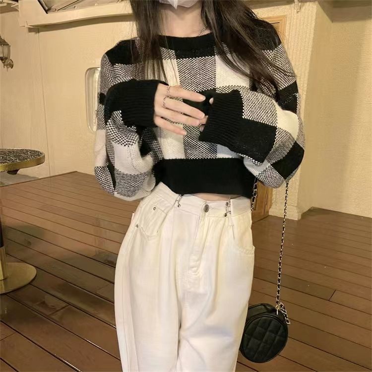 Áo Len Tay Dài Họa Tiết Sọc Caro Phong Cách Retro Hàn Quốc