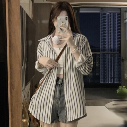 【ZHELIHANGFEI】Áo Sơ Mi Chống Nắng Tay Dài Dáng Rộng Họa Tiết Kẻ Sọc Thời Trang Cho Nữ