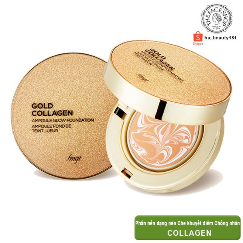 Phấn nền trang điểm dạng nén chống nắng The Face Shop fmgt Gold Collagen Ampoule Glow Foundation 10g SPF50+PA+++