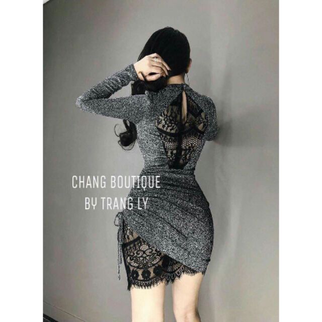(KÈM ẢNH THẬT)Đầm body kim sa tay dài phối ren sang chảnh