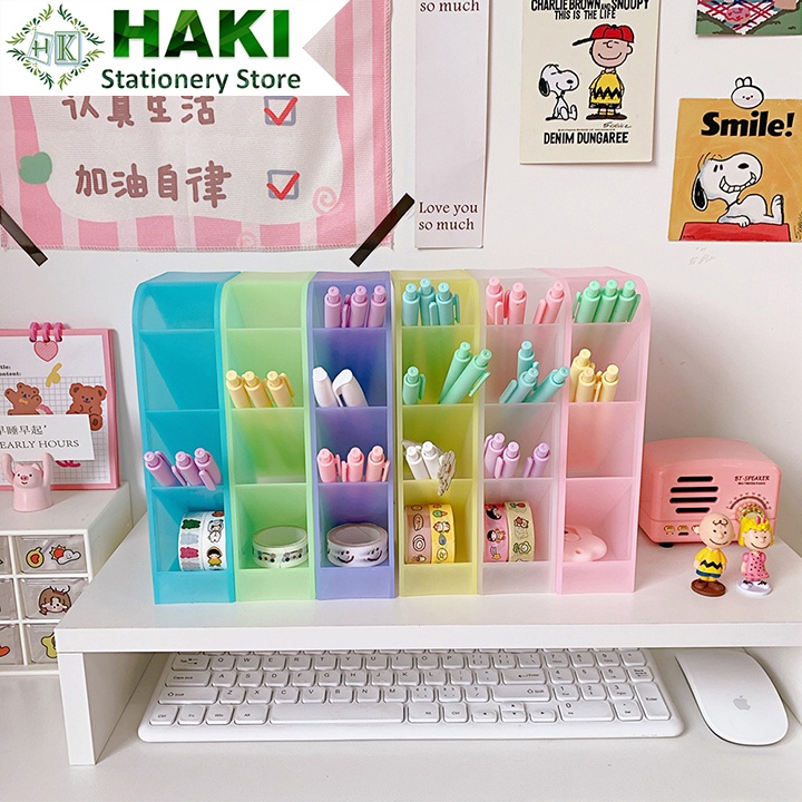 Hộp đựng bút 4 tầng HAKI, ống cắm bút 4 ngăn màu Macaron decor bàn học dụng cụ văn phòng phẩm OB06