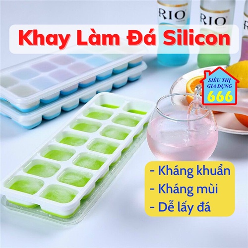 Khay đá 💙 Khay làm đá silicon có nắp đậy kháng mùi kháng khuẩn 14 ô bảo quản thực phẩm vệ sinh tiện lợi lấy đá dễ dàng