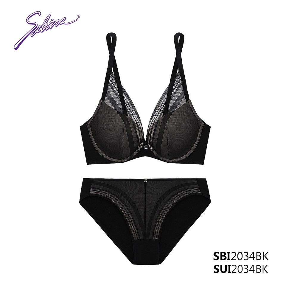 Combo Áo Lót Nâng Ngực Tạo Khe Chữ V Và Quần Đồng Bộ Màu Đen Phối Ren Mordern V By Sabina SBI2034BK+SUI2034BK