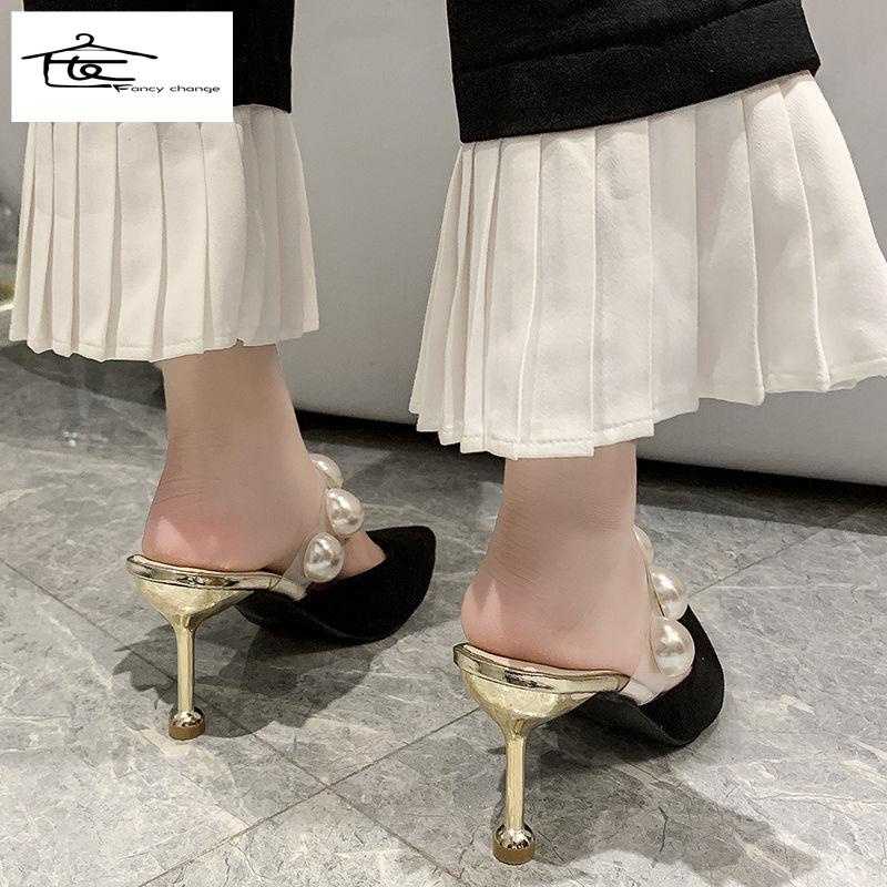 Dép Sandal Cao Gót Mũi Nhọn Phối Dây Ngọc Trai Thời Trang Mùa Hè Dành Cho Nữ